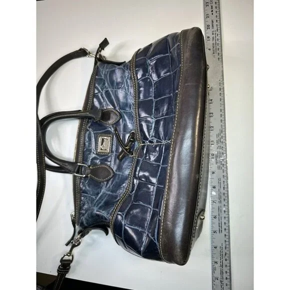 Dooney & Bourke Dillen Crocodile Double Pocket Satchel Navy distressed
